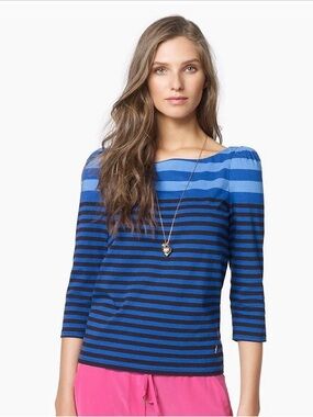 Juicy Couture Striped Puff Sleeve 3/4 Sleeve Top in Nautical Blue Size P
